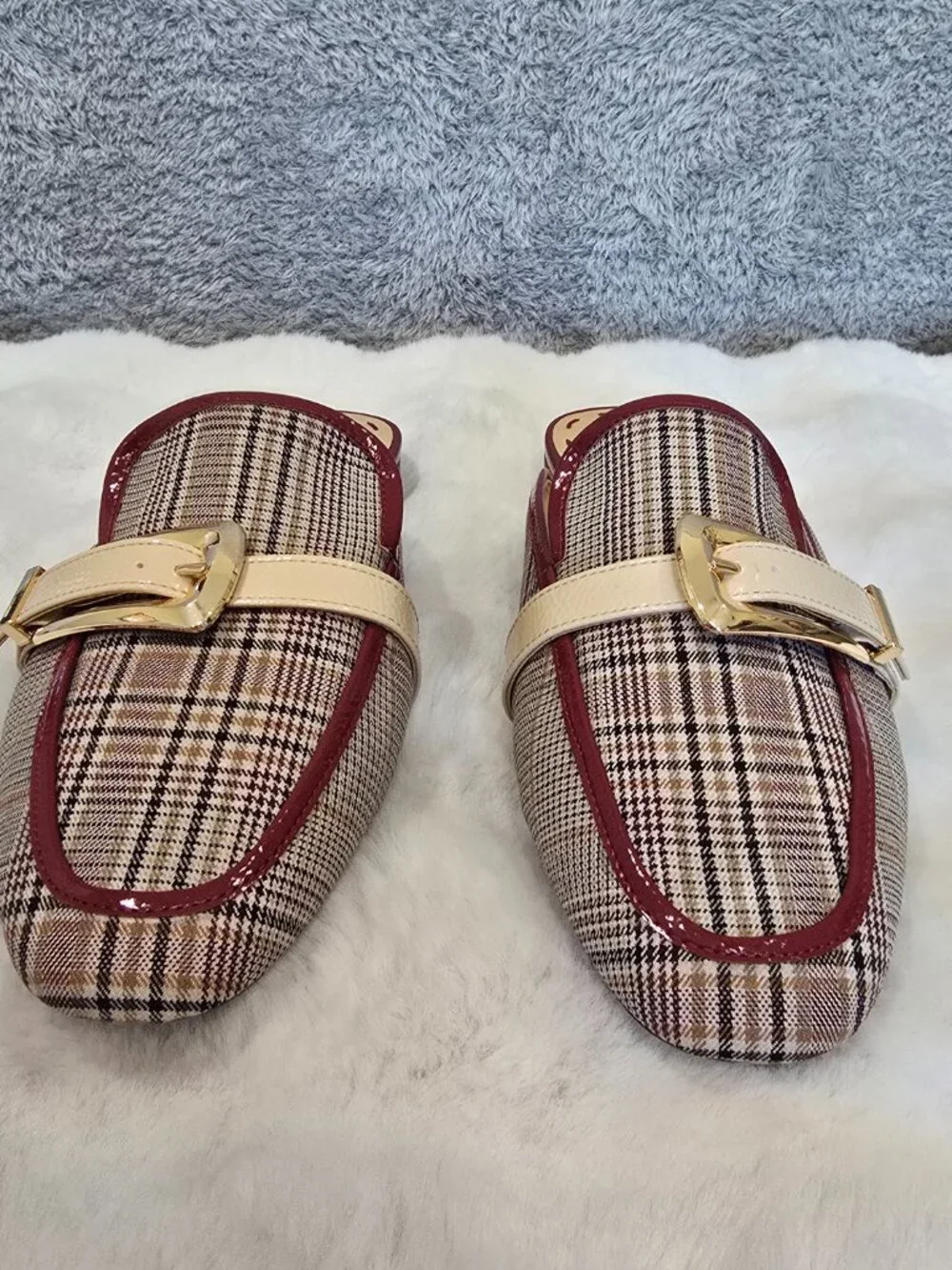 Alex Marie Karen Plaid Print Buckle Hardware Strap Mules Preppy Office Size 10 - Picture 11 of 13